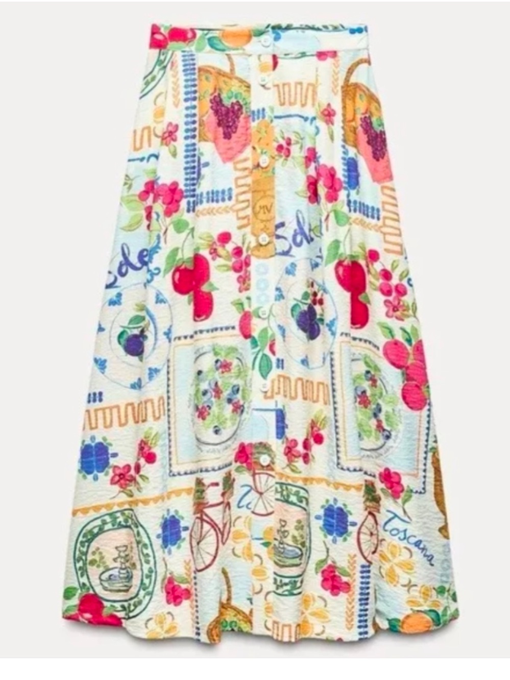 NWT Zara A-Line Fruit Print Pleated Mid Skirt Italy Euro Summer